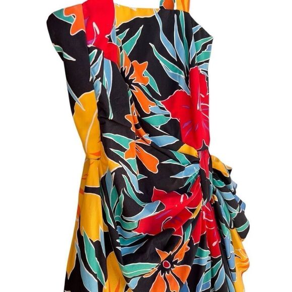 Vintage Tropical Flower Sheath Silhouette Smocked Dress Sz 6 Ruched Chunk Straps - Picture 6 of 9